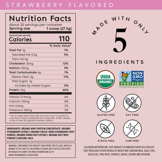 Truvani Organic Whey Protein Strawberry label close-up emphasizes USDA Organic certification.
