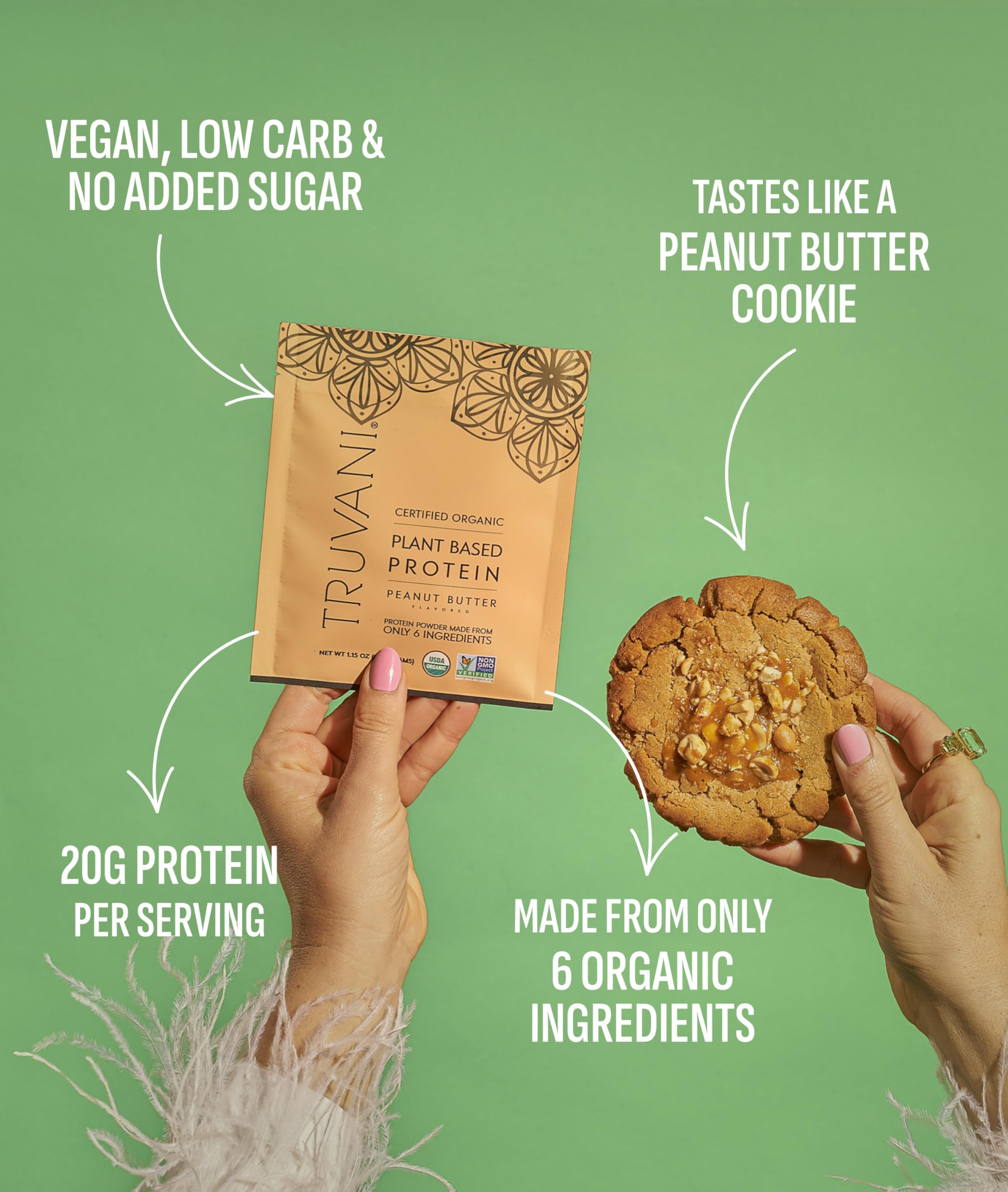 Truvani protein powder scoop ready to mix into a shake, peanut butter flavor