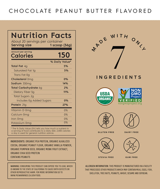 Truvani plant protein powder scoop on counter highlights clean label.