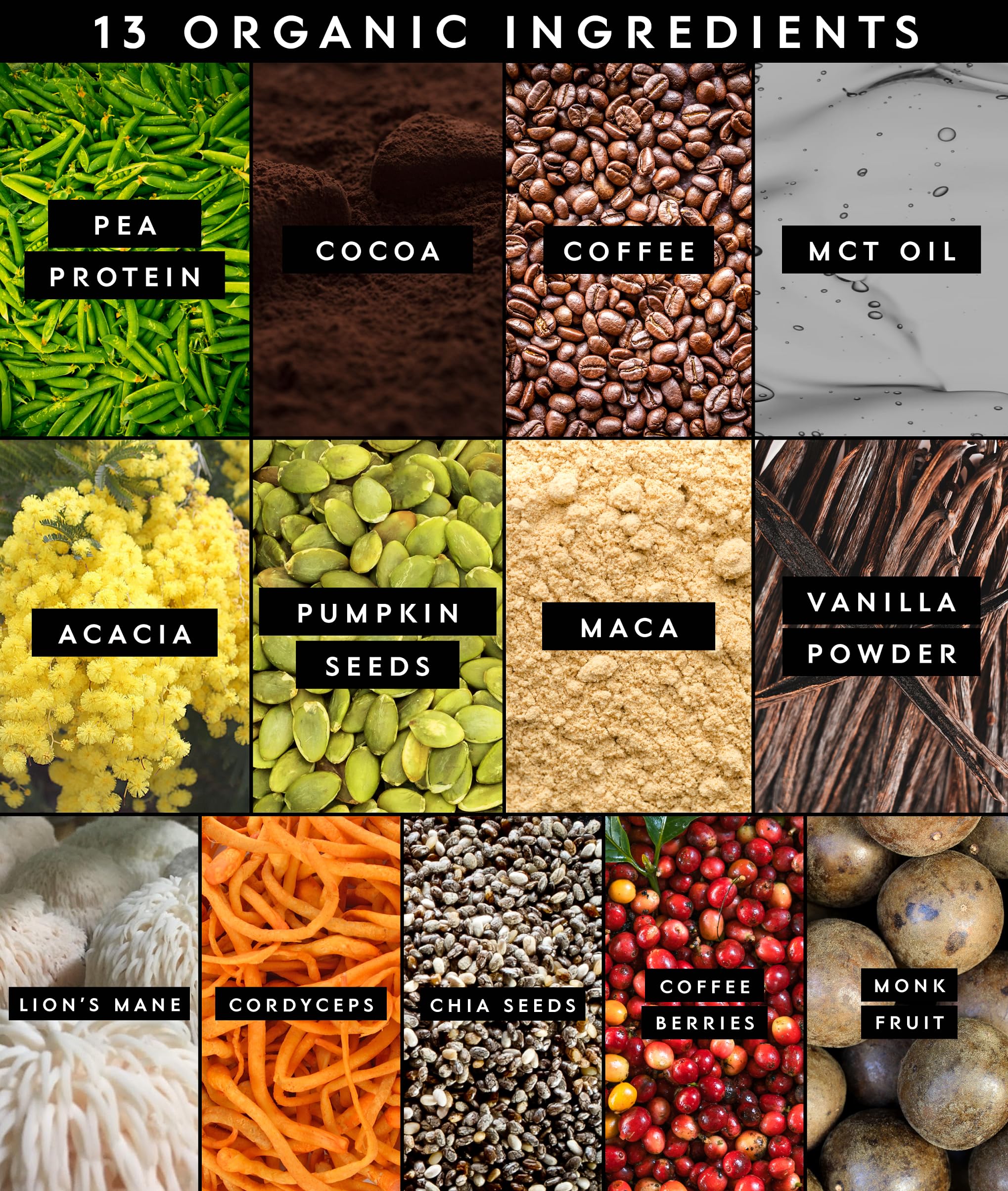 Ingredient bowl beside the mix highlights premium, organic ingredients.