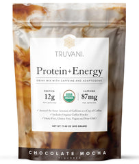 Truvani Protein + Energy Drink Mix Chocolate Mocha served in glass, boosting everyday energy.