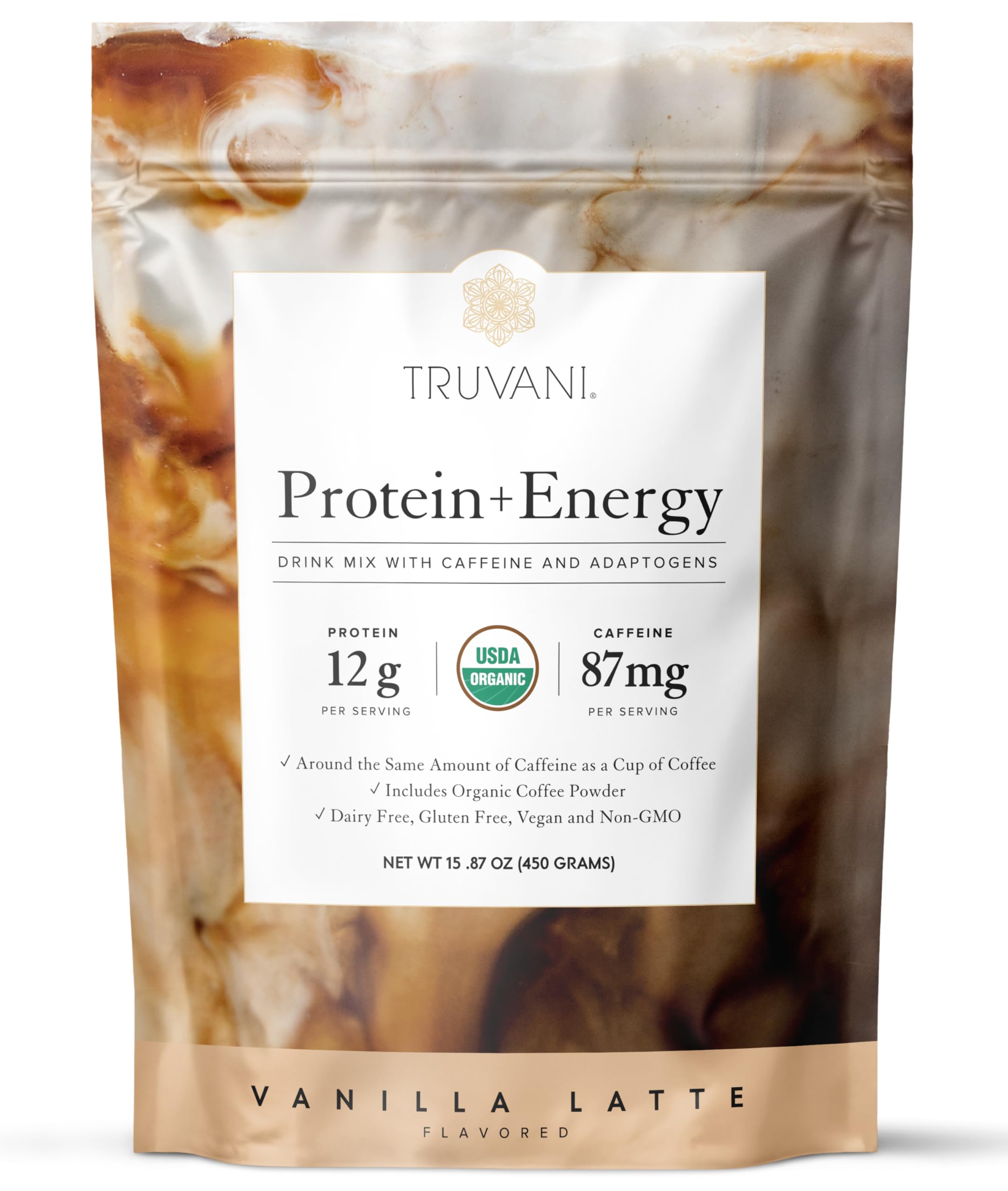 Truvani Protein + Energy Drink Mix vanilla latte bottle provides on-the-go energy.