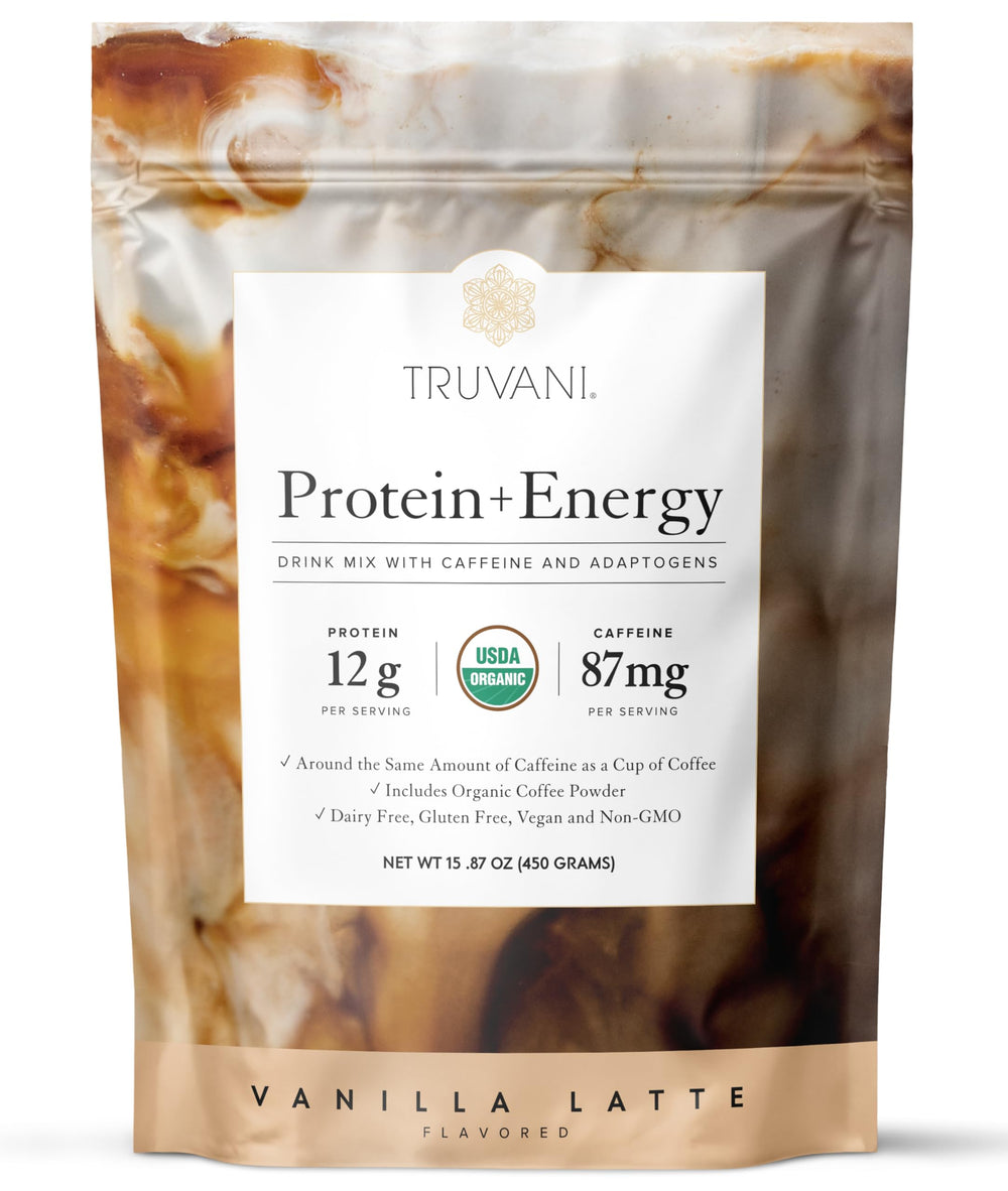 Truvani Protein + Energy Drink Mix vanilla latte bottle provides on-the-go energy.
