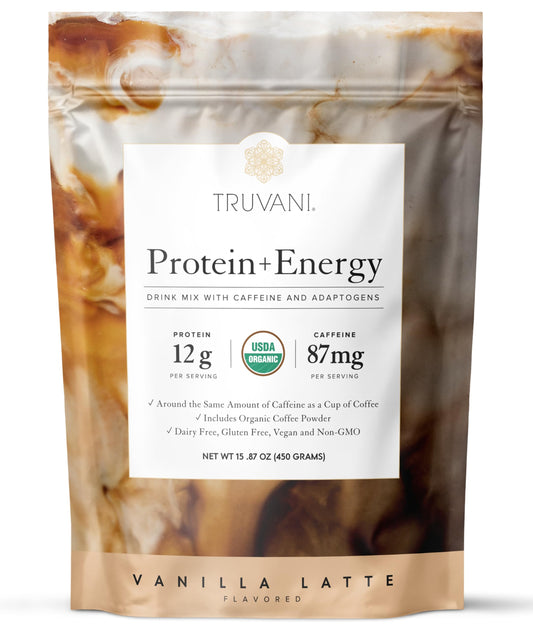 Truvani Protein + Energy Drink Mix vanilla latte bottle provides on-the-go energy.