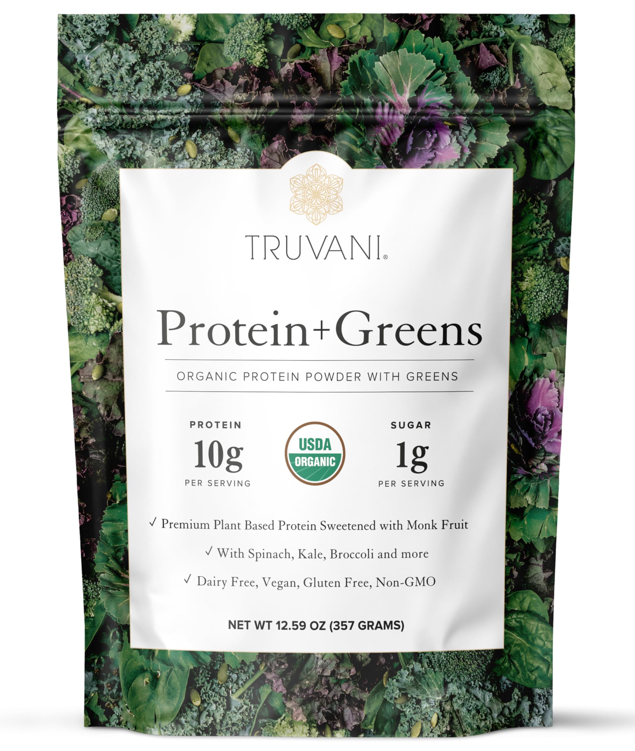 Truvani Protein + Greens bottle highlights 10g plant protein for daily nutrition.
