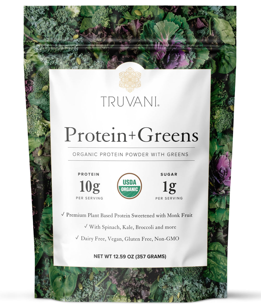 Truvani Protein + Greens bottle highlights 10g plant protein for daily nutrition.