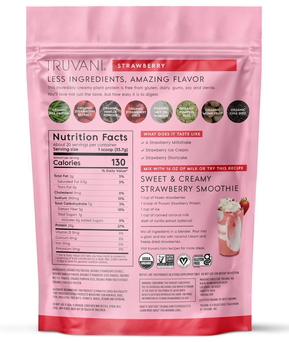 Serving scoop beside nutrition panel on Truvani pea protein label.