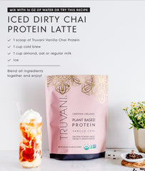 Truvani shake-ready cup featuring Vanilla Chai flavor