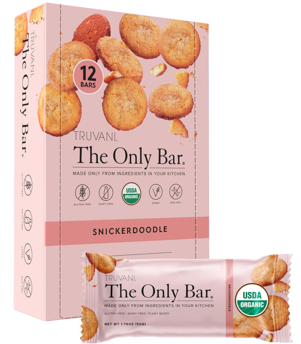 Truvani Snickerdoodle bar 12-pack close-up of organic ingredients for a convenient protein-rich snack.