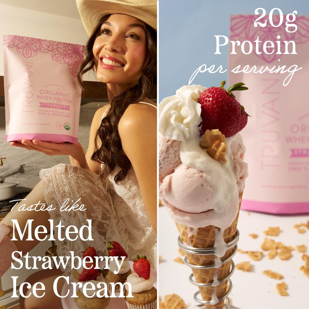Truvani Strawberry-flavored powder blends easily into shakes for post-workout recovery.