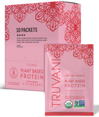 Truvani strawberry pea protein powder packet for on the go protein boost