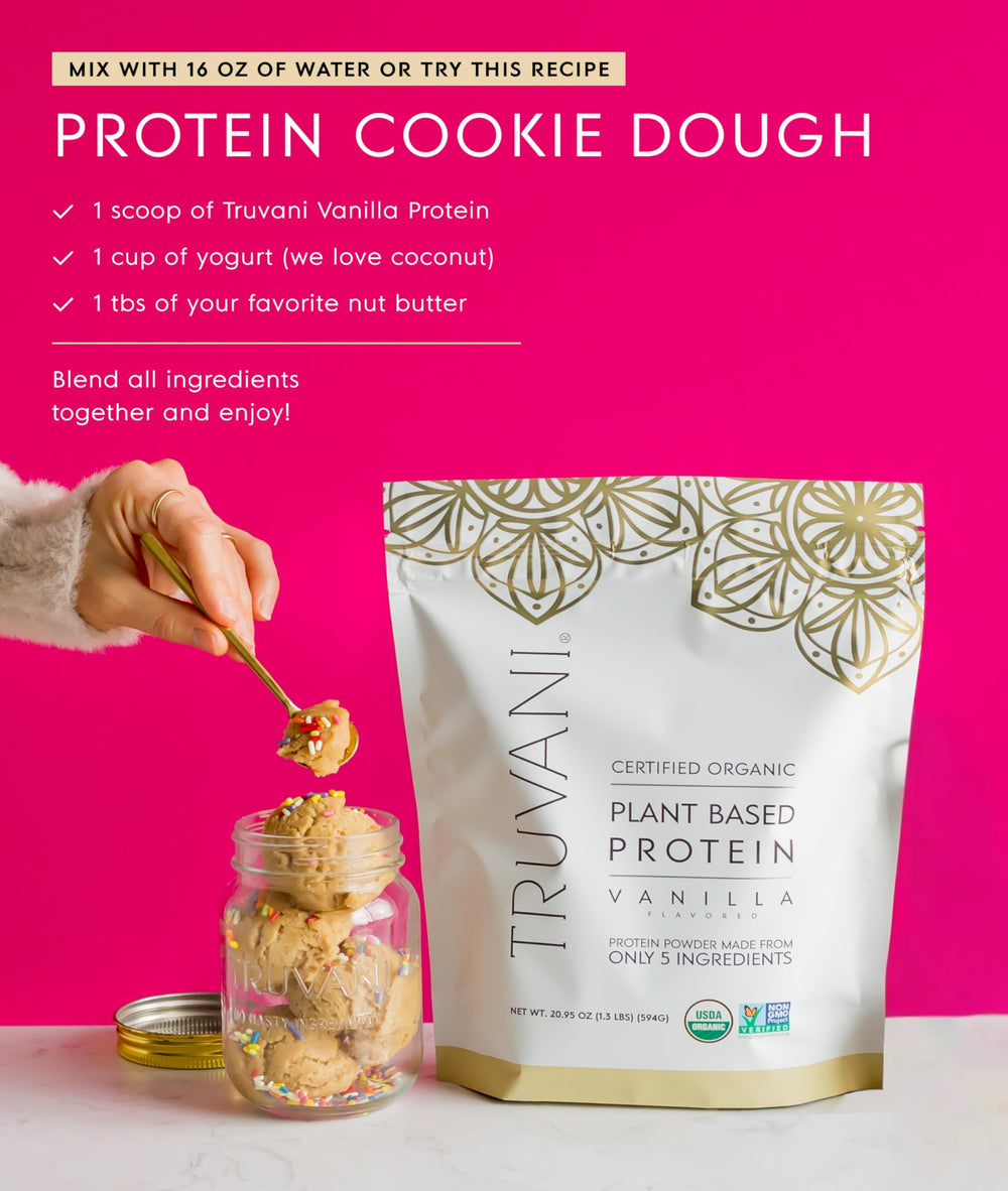 Truvani vanilla vegan pea protein on the go tote emphasizing travel friendly packaging