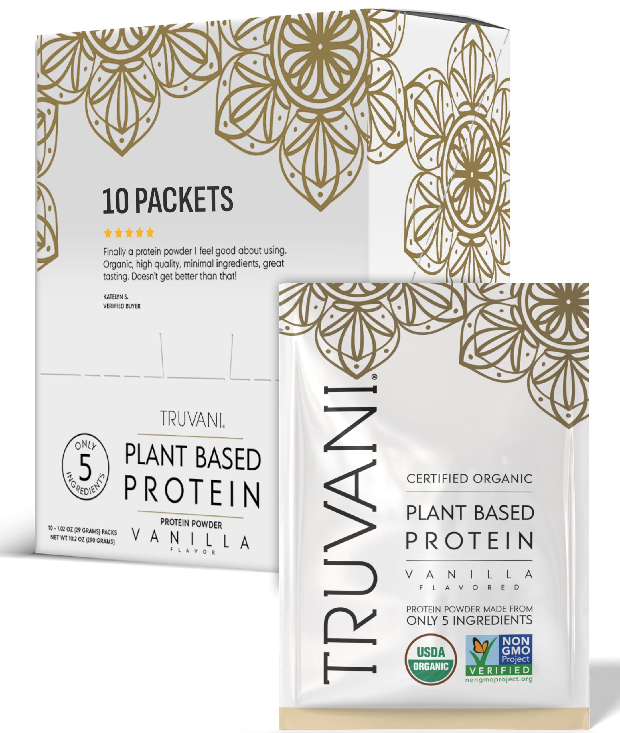 Truvani vanilla vegan pea protein packaging with clean label and organic ingredients