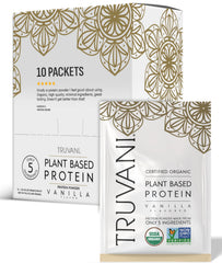 Truvani vanilla vegan pea protein packaging with clean label and organic ingredients