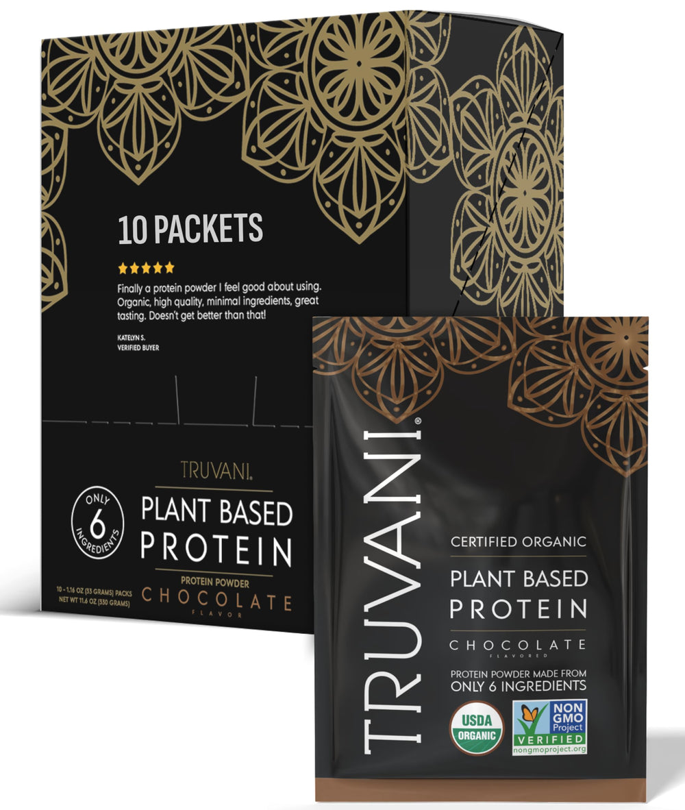 Truvani vegan pea protein chocolate packaging highlights clean organic nutrition for on-the-go fueling.