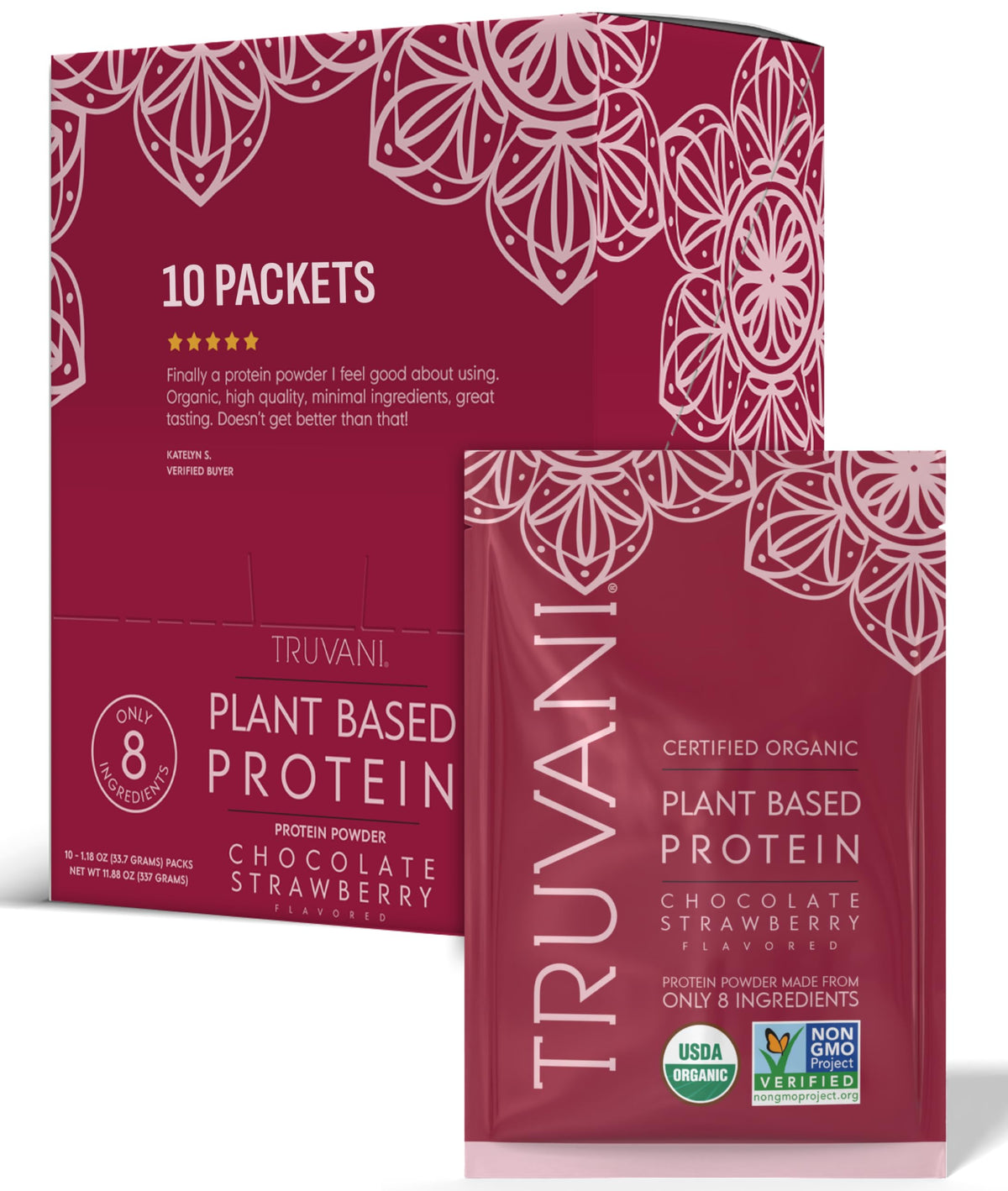 Truvani vegan pea protein chocolate strawberry tub front label highlights organic ingredients.