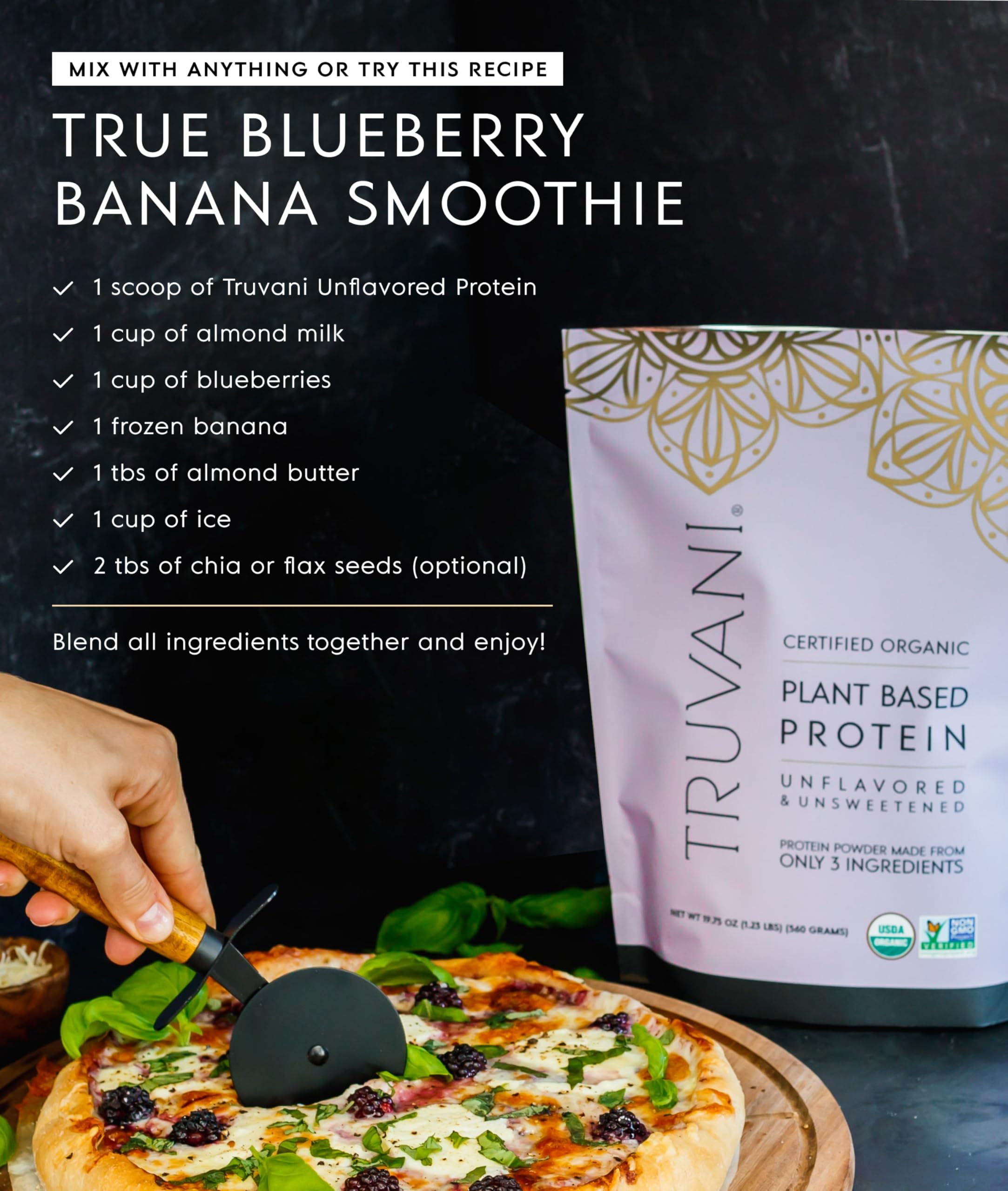 Truvani glass with shake focuses on dairy-free, gluten-free nutrition