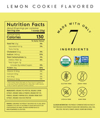 Truvani vegan pea protein lemon cookie tub with simple label showing organic ingredients.