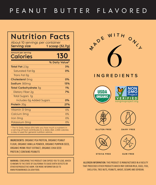 Truvani vegan protein tub back nutrition panel highlighting organic ingredients