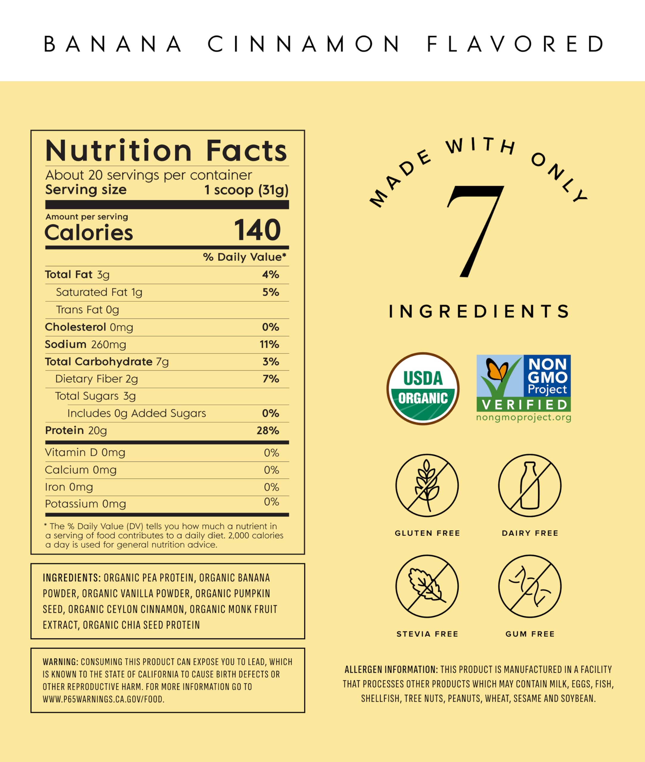 Truvani pea protein powder tub label showcases organic ingredients and clean nutrition.