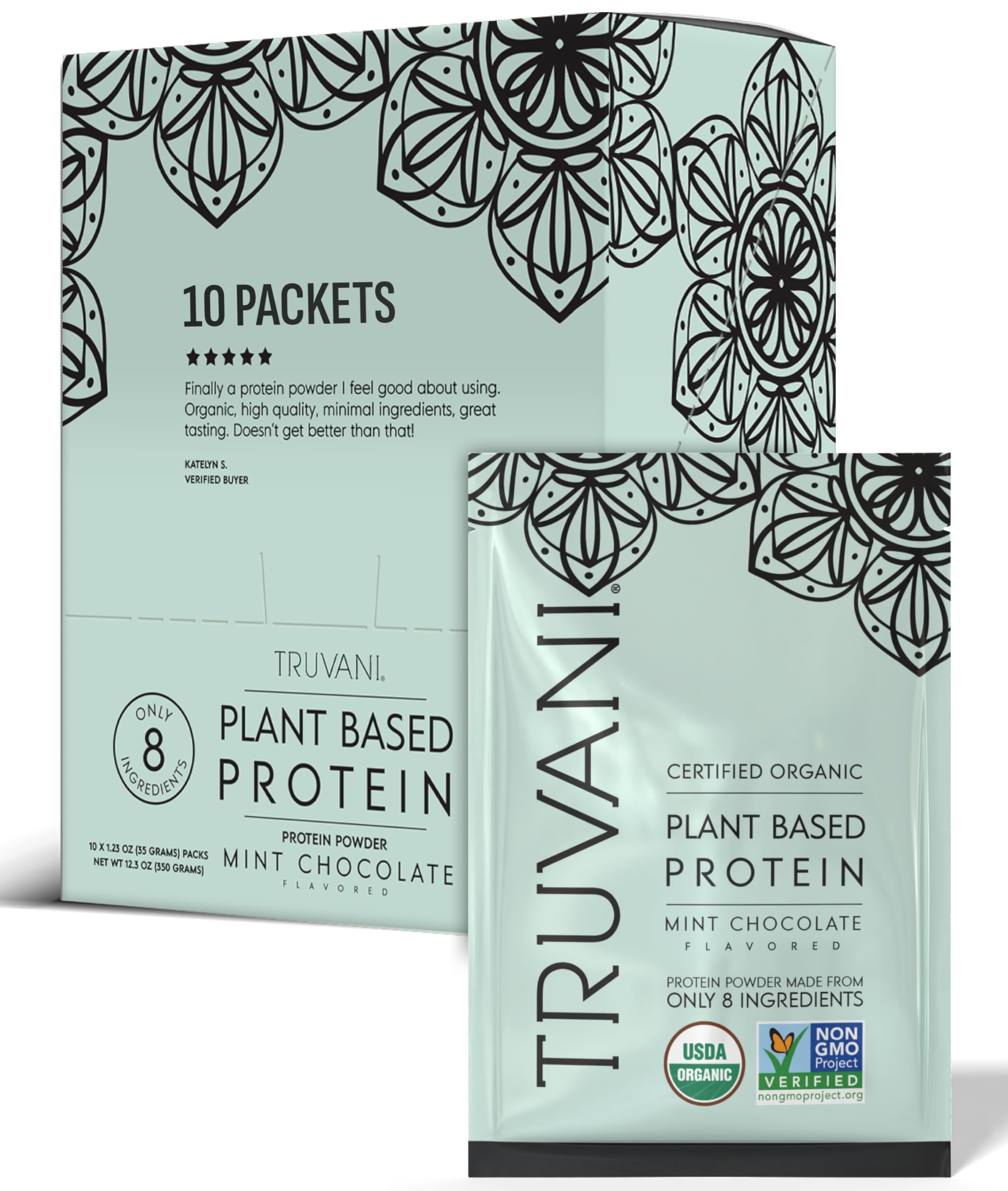 Truvani mint chocolate vegan pea protein bottle for clean fuel after workouts.