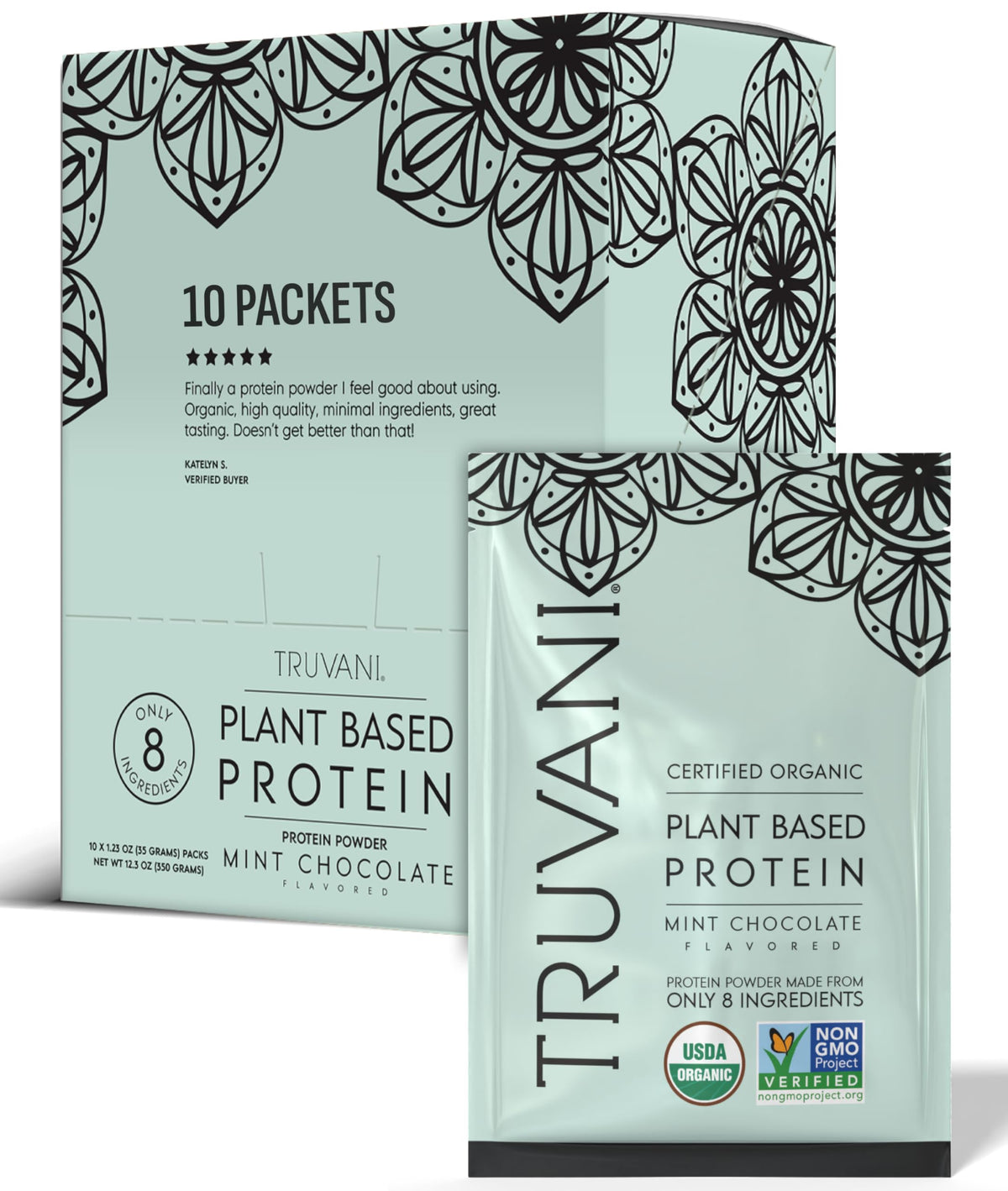 Truvani mint chocolate vegan pea protein bottle for clean fuel after workouts.