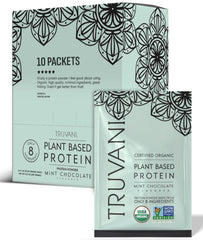 Truvani mint chocolate vegan pea protein bottle for clean fuel after workouts.