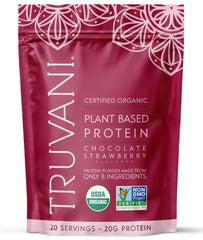 Truvani vegan pea protein bottle pour of chocolate strawberry flavor