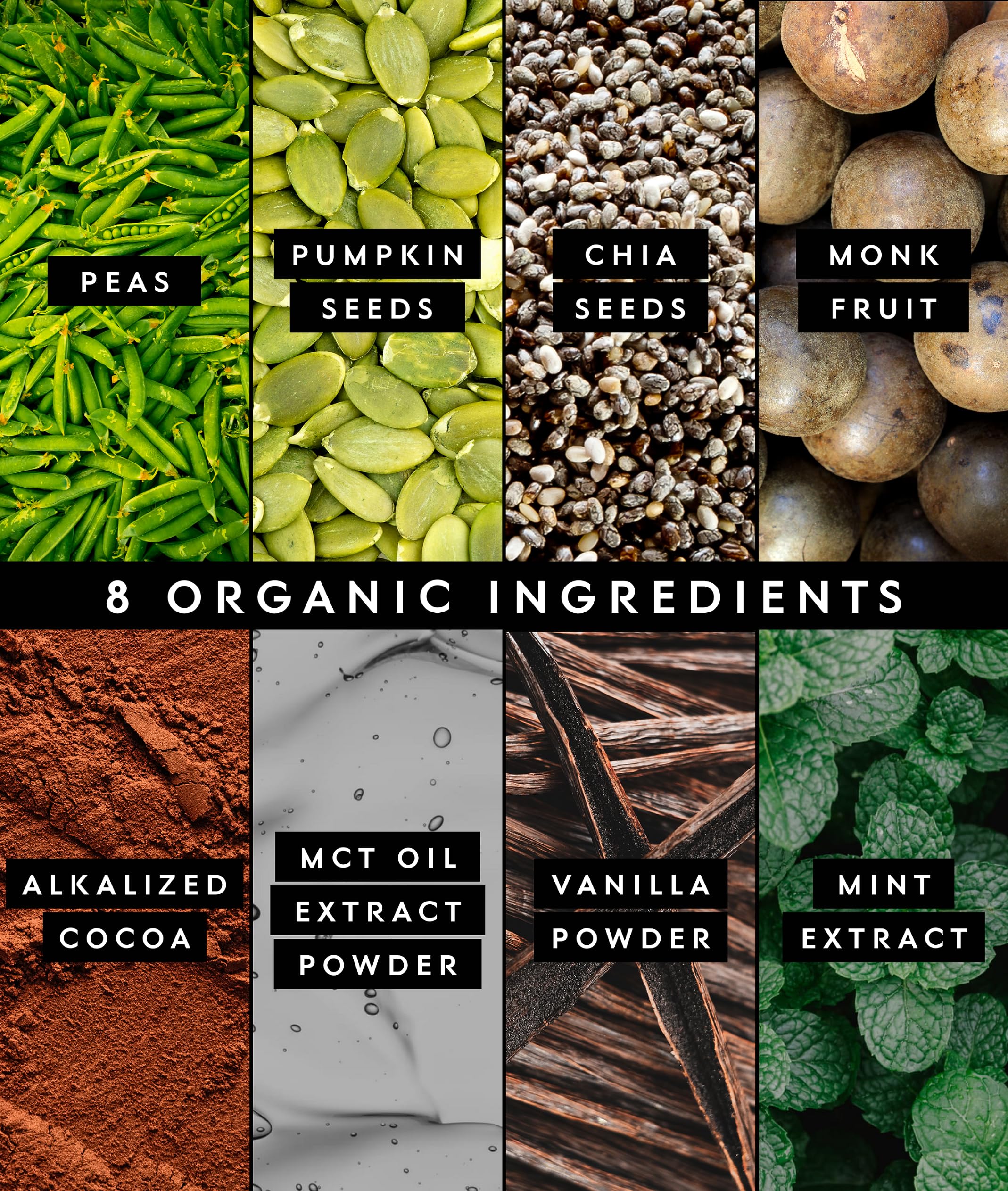 Truvani vegan pea protein powder dry scoop image, emphasizing high-quality organic ingredients.