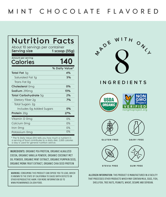 Truvani organic non-GMO label on mint chocolate pea protein powder