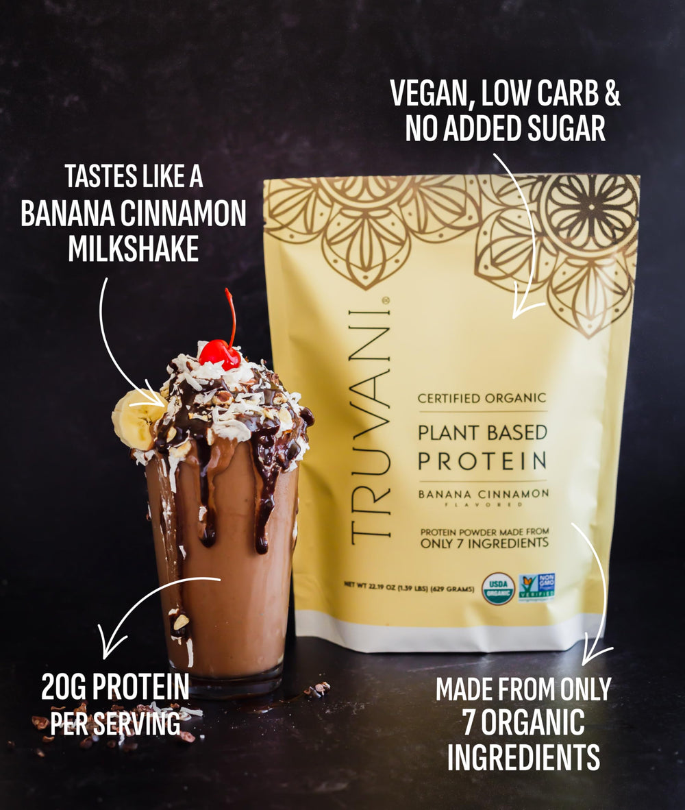 Truvani serving scoop on countertop suggests quick, convenient protein boost.