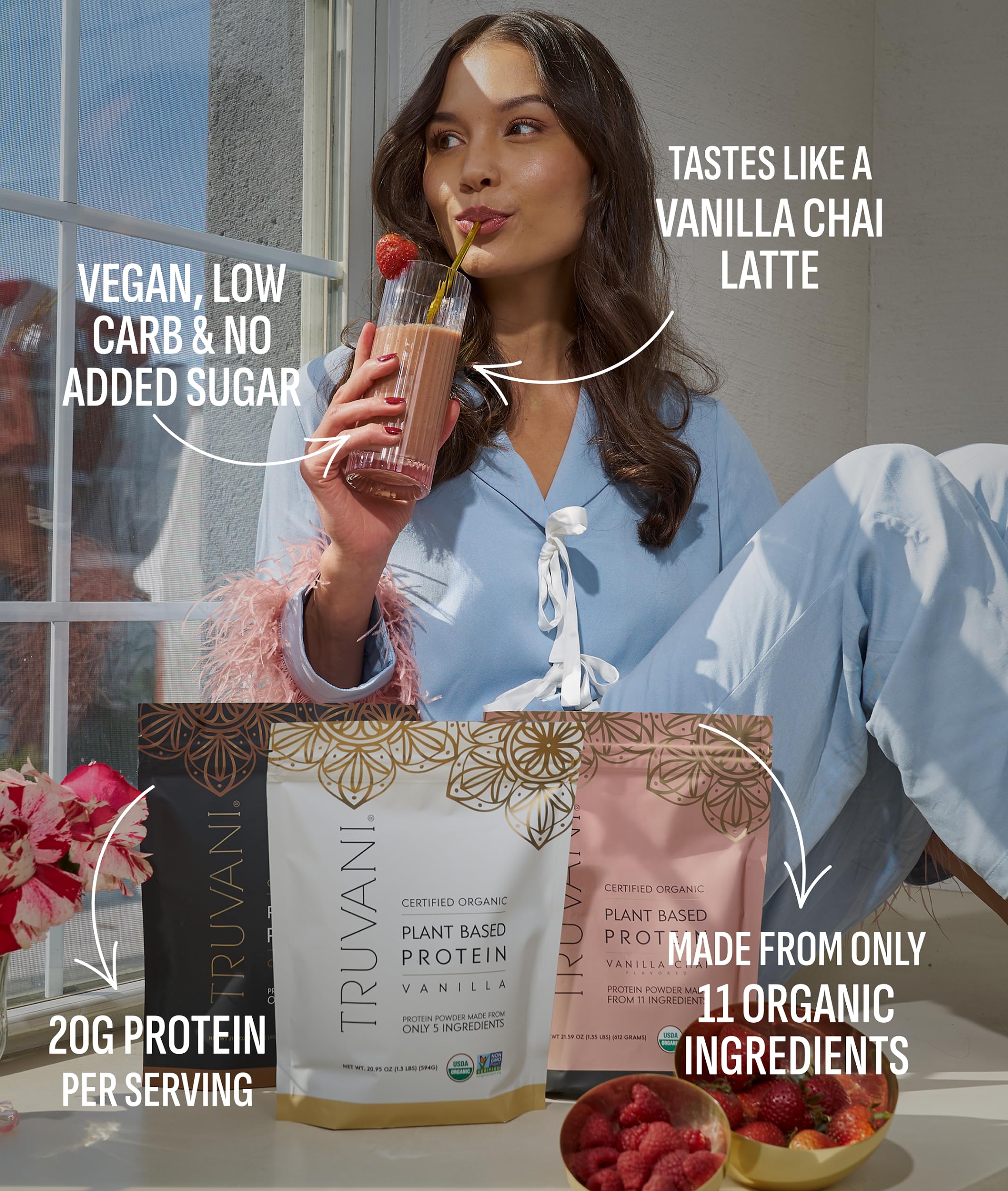 Truvani Vanilla Chai protein powder being poured into a glass for a shake.
