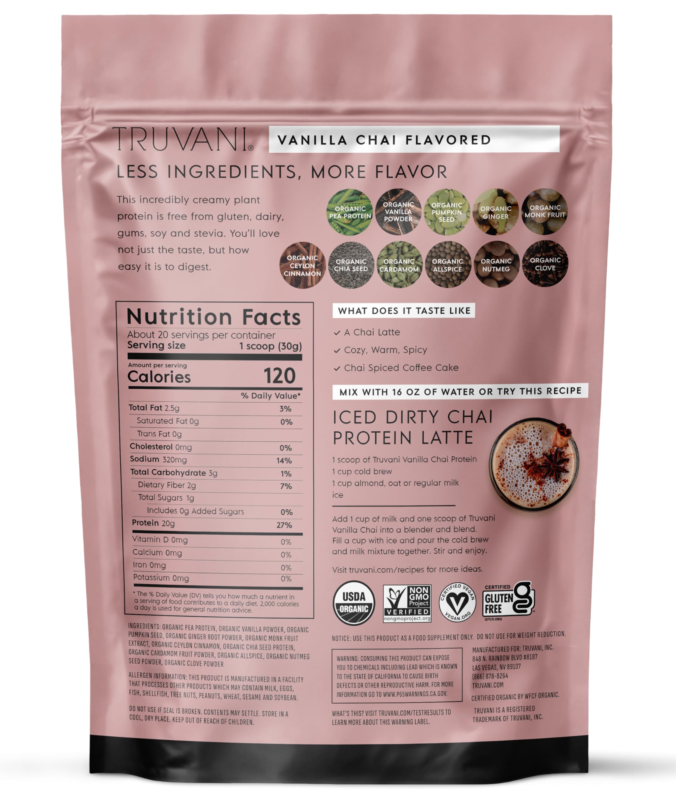 Truvani Vanilla Chai on a pantry shelf indicates a versatile vegan protein option.