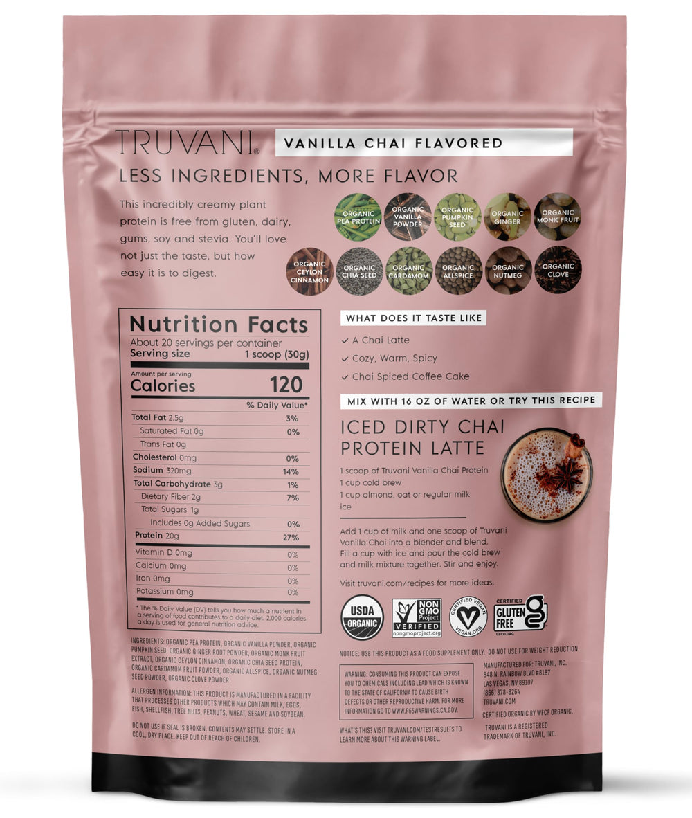 Truvani Vanilla Chai on a pantry shelf indicates a versatile vegan protein option.