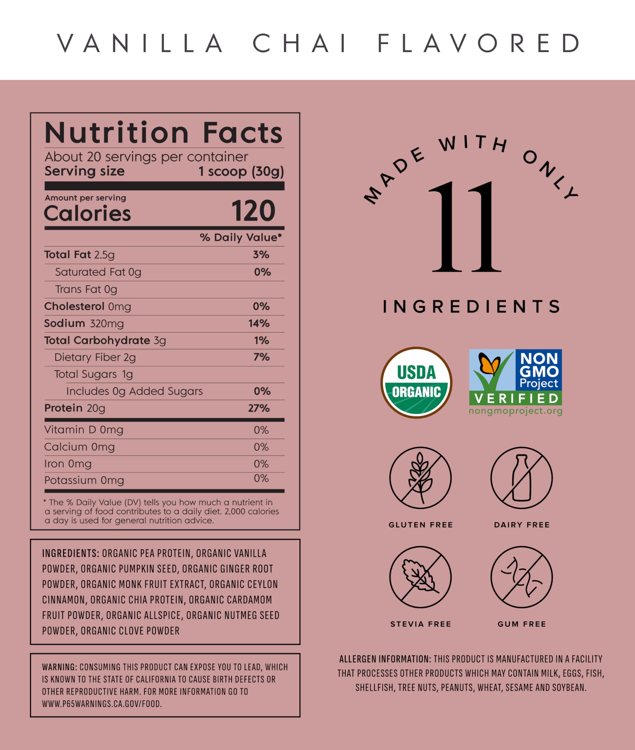 Truvani Vanilla Chai vegan protein powder tub open reveals simple, clean ingredients.