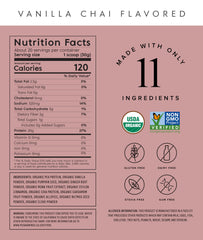 Truvani Vanilla Chai vegan protein powder tub open reveals simple, clean ingredients.