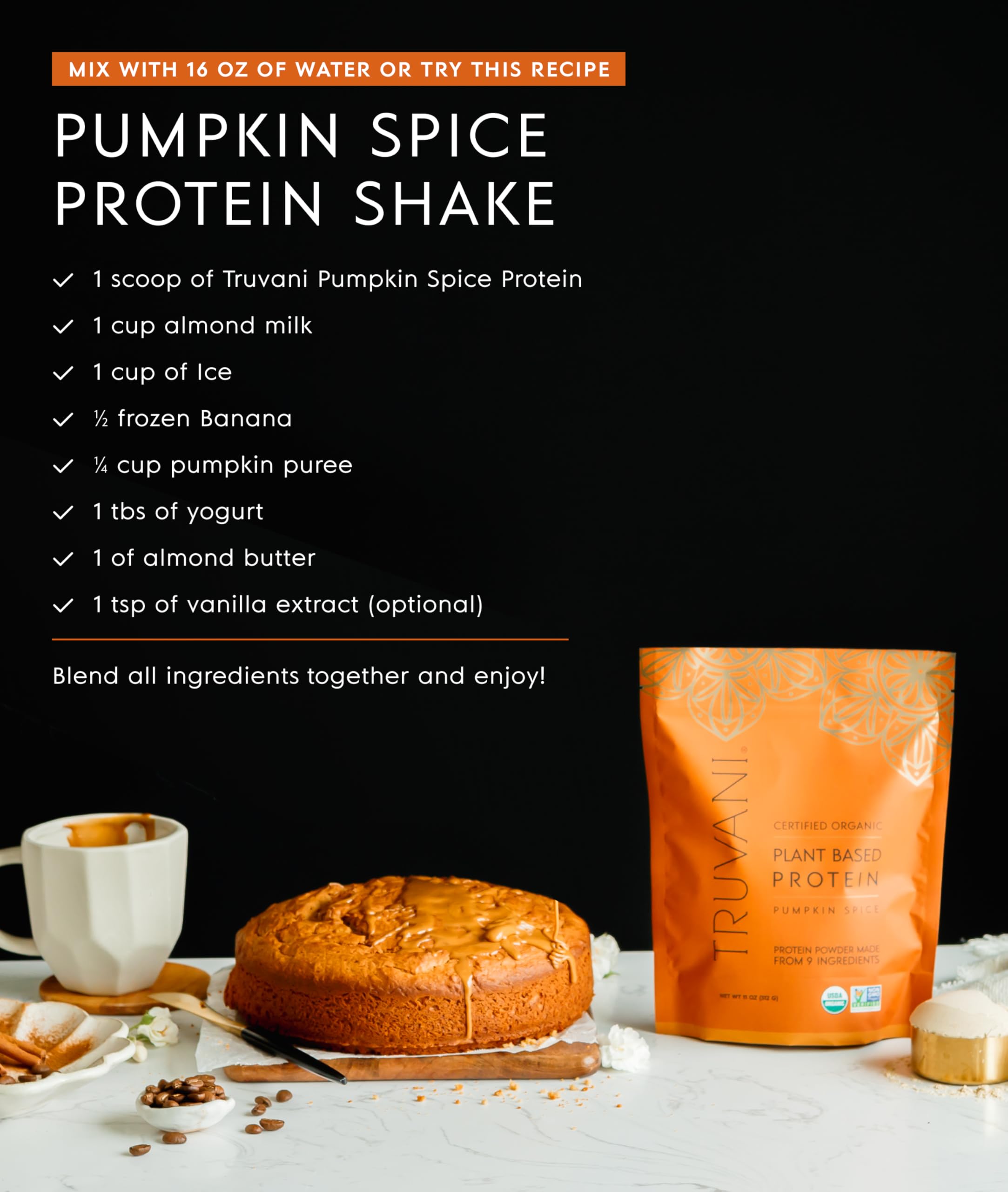 Truvani pumpkin spice ingredients panel highlights organic pea, pumpkin seed, and chia