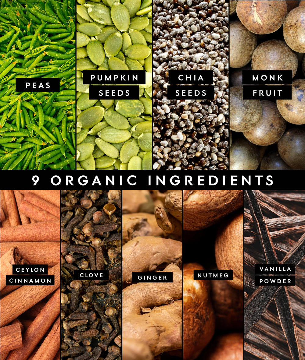 Truvani vegan pea protein pumpkin spice label detail emphasizes USDA Organic and non-GMO status