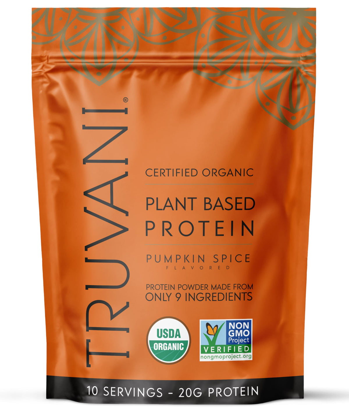 Truvani vegan pea protein pumpkin spice powder bag shows premium organic blend for shakes