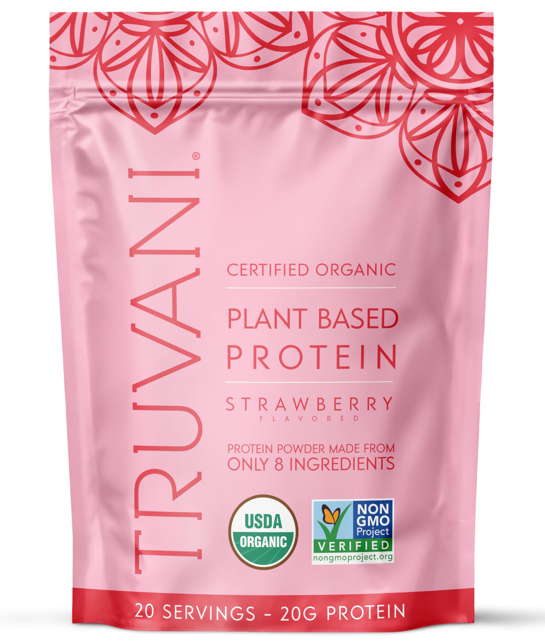 Truvani vegan pea protein powder strawberry label shows organic ingredients for clean nutrition.