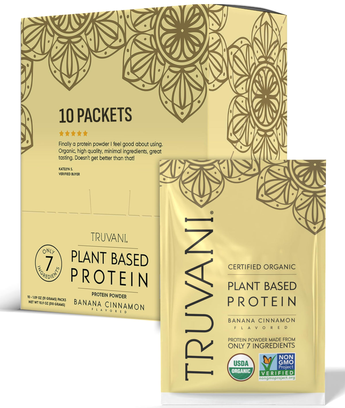 Truvani vegan pea protein powder tub showing organic ingredients for clean shakes.