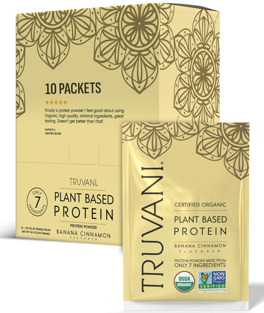 Truvani vegan pea protein powder tub showing organic ingredients for clean shakes.