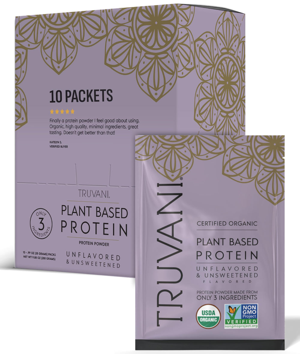 Truvani vegan pea protein unflavored packaging for clean, organic nutrition on the go