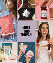 Truvani vegan protein powder bag closeup highlights premium, hand-selected ingredients.