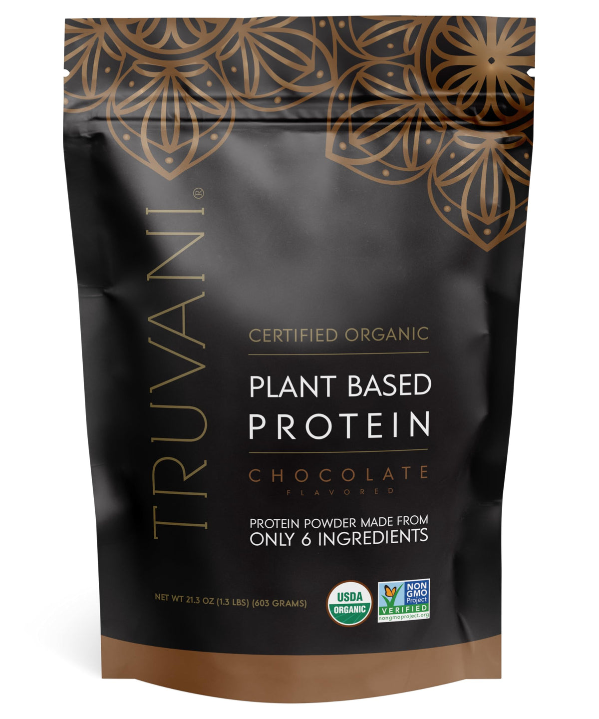 Truvani vegan protein powder chocolate bottle shows premium ingredients for clean nutrition.