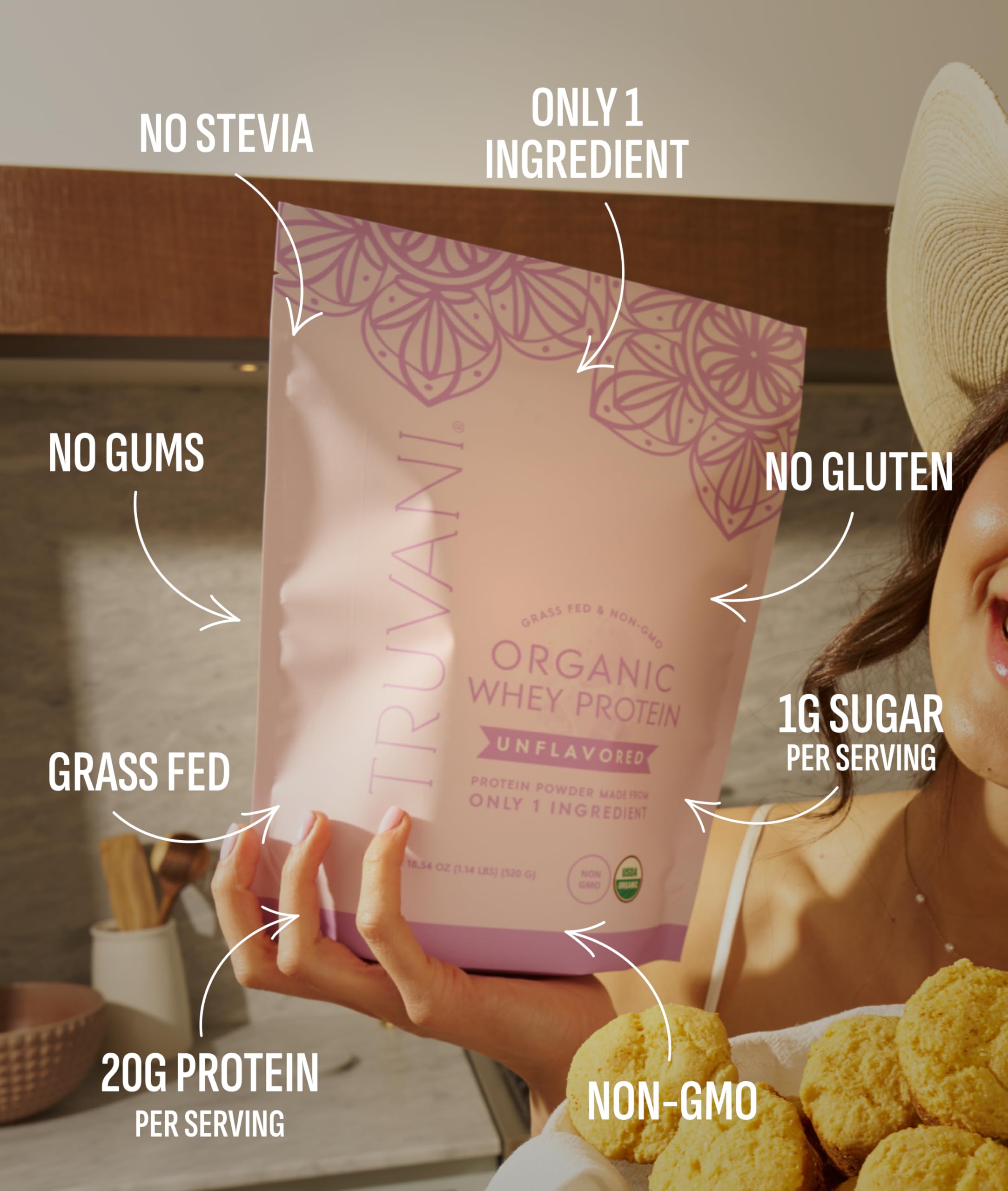 Truvani 20g scoop image emphasizes protein per serving for post-workout refuel.