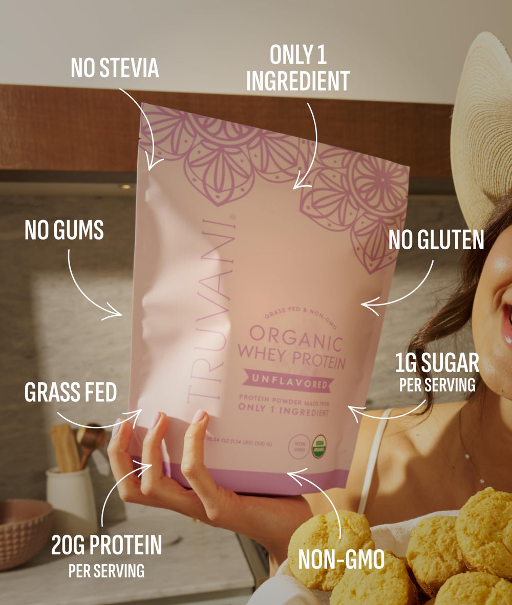 Truvani 20g scoop image emphasizes protein per serving for post-workout refuel.
