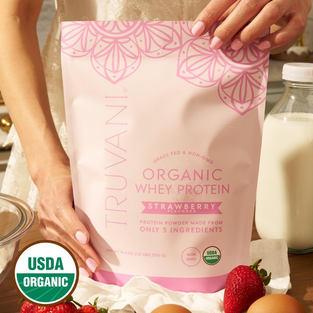 Truvani whey protein pouring into glass showcases convenient on-the-go nutrition.