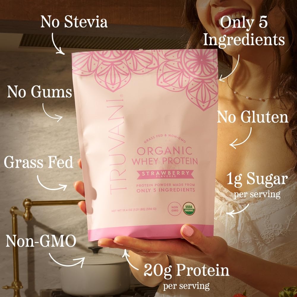Truvani Whey Protein scoop dispenses 20g of protein per serving.