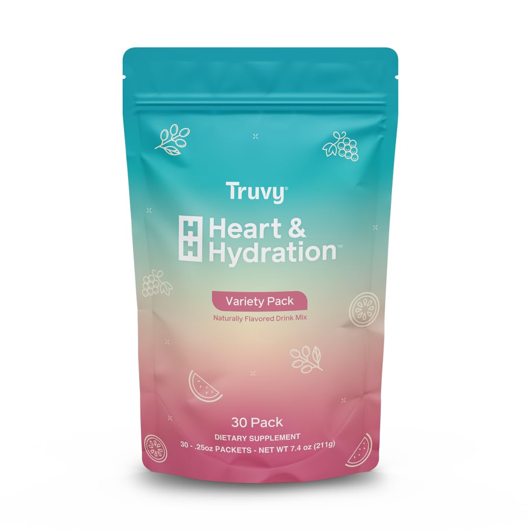Truvy Heart and Hydration 30-stick pack offers zero sugar hydration for active days.